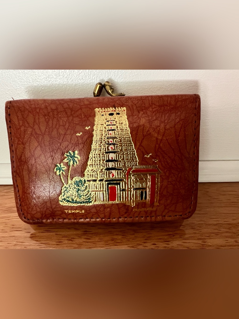 Vintage Brown Temple Embossed Leather Coin Purse Wallet